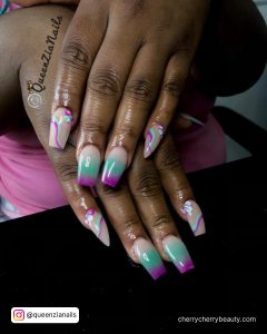 Coffin Summer Acrylic Nails In Purple, Blue, And Pink