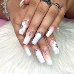 Coffin White Acrylic Nails With Flowers And Diamonds