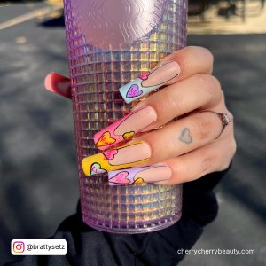 Colorful French Tip Acrylic Valentine Nails With Blue, Yellow, Pink And Purple Tips With Love Heart Designs