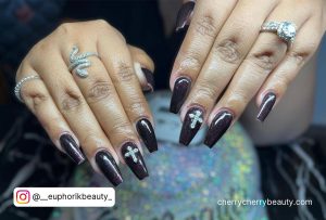 Cute Acrylic Nails Coffin In Black With A Cros
