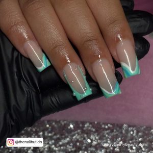 Cute Acrylic Nails Short With Turquoise Tups And Diamonds