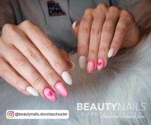 Cute Pink Valentine Nails Almond Shape With White Nails And A Pink Heart Nail Design