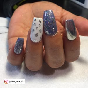 Cute Purple And White Nails With Glitter