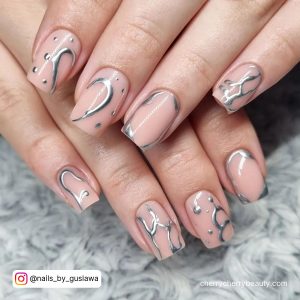 Cute Silver Nails With Dots And Lines