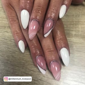 Cute Stiletto White Nails With Sumer Design On Wooden Surface