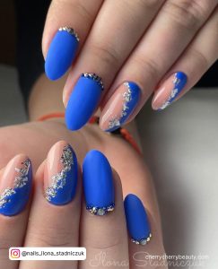 Dark Blue And Silver Nails With Diamonds
