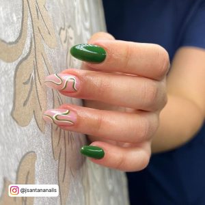 Dark Green And White Nails With Marble Effect