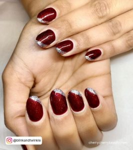 Dark Red And Silver Nails With Shiny Tips