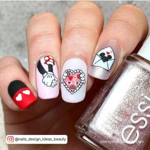 Disney Nail Designs Valentine'S Day With White, Pink Glitter, Pink And Black And Red Nails With Disney Themed Nail Art