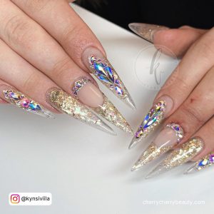Extra Long Acrylic Nails With Blue And White Rhinestones
