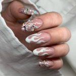 Flame Nails White With Rhinestones On Three Fingers