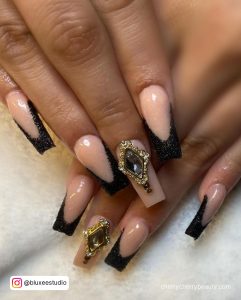 French Tip Acrylic Nails Black With Rhinestones
