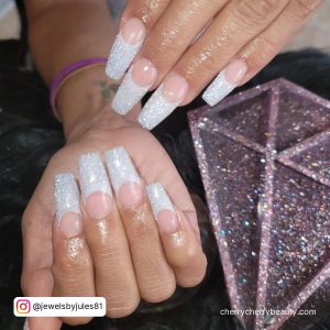 French Tip Acrylic Nails Coffin With Glitter On Tips