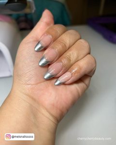 French Tip Acrylic Nails With Silver In Almond Shape