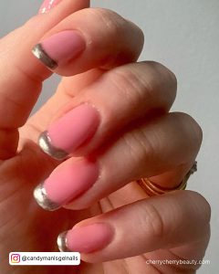 French Tip Nails With Silver Glitter With Pink Base Coat