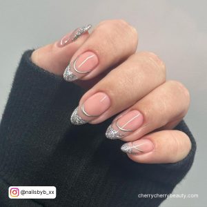 French Tip Nails With Silver Line And Nude Base Coat