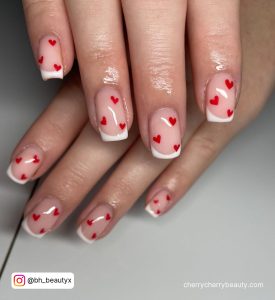 French Tip Valentine Short Nails With Small Red Hearts