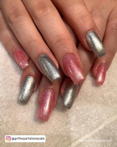 Gel Nails Pink And Silver With Full Sparkle