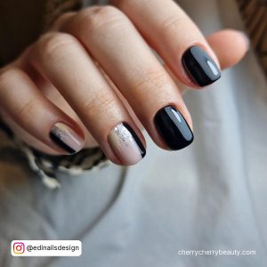 Glitter Silver Nails With Two Nails In Black