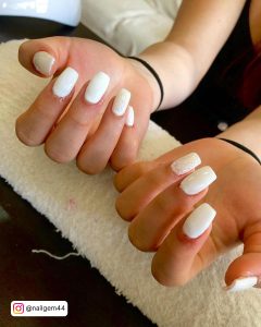Glittery Square Summer White Gel Nails On White Clothe