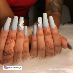 Gray And White Coffin Nails With 3D Flowers
