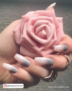 Gray To White Ombre Nails Holding A Pink Rose