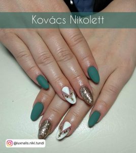 Green Gold And White Nails With Glitter And Design