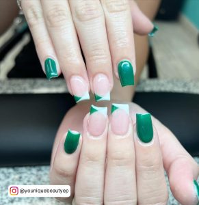 Green Nails With White Tips In Coffin Shape