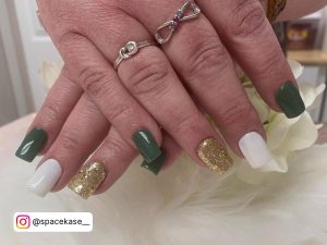 Green White And Gold Nails With Glitter