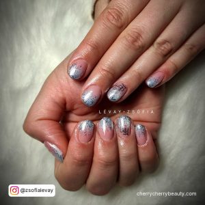 Grey Silver Ombre Nails With Black Design On Ring Finger