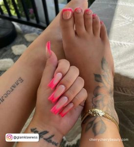 Hot Pink Acrylic Nails With Glitter With Matching Toes