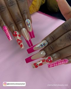 Hot Pink Acrylic Nails With Rhinestones