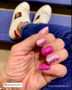 Hot Pink And Light Pink Pink Nails Valentine'S Day With Black Leopard Print Heart Designs