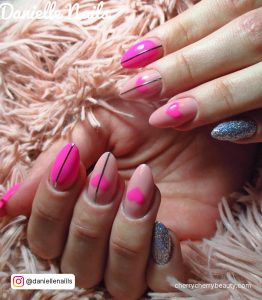 Hot Pink And Silver Nails With Hearts And Lines