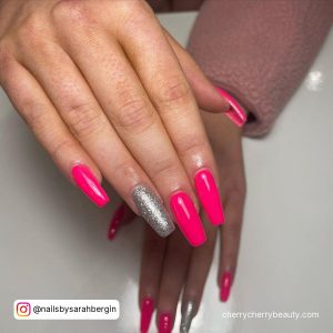 Hot Pink Nails With Silver Glitter In Long Length