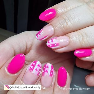 Hot Pink Pink Nail Designs For Valentine'S Day With White, Pink And Hot Pink Stripe Design On Two Nail Tips