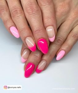 Hot Pink Valentines Day Nails With Light Pink Nails And French Tip Design