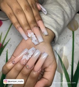 Light Grey Acrylic Nails Coffin With Flowers And Ombre