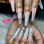 Light Pink Acrylic Nails With Golden Lines