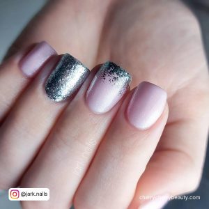 Light Pink Acrylic Nails With Silver Glitter For Short Length