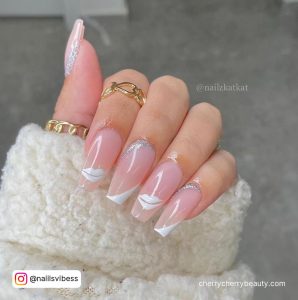 Light Pink Coffin Shape Cute Simple Valentine'S Day Nails With White Kiss Design