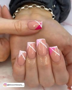 Light Pink Nails With White Lines On Nude Nail Polish
