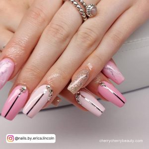 Light Pink Square Tip Nails With One Silver Glitter Finger And A Silver Stripe In The Centre Of Each Nail