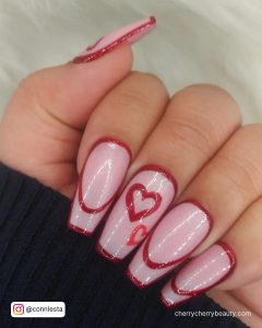 Light Pink Valentines Day Nails Coffin Shape With Red Chrome Outline, French Tip Outline And Heart Outline