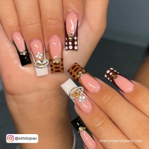 Long Acrylic Nail Ideas With Brown Plus Black Tips And Polka Dots