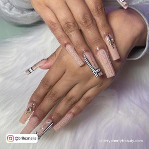 Long Acrylic Nails Coffin With Check Pattern And Nude Base Coat