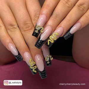 Long Acrylic Nails Square With Golden Spiral Lines