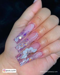 Long Acrylic Nails With Diamonds And Flowers