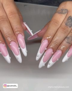 Long Almond Acrylic Nails With White Tips And Pink Base Coat
