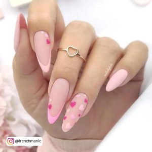 Long Almond Shape Cute Pink Valentines Day Nails Light Pink With French Tip Design And Small Pink Hearts